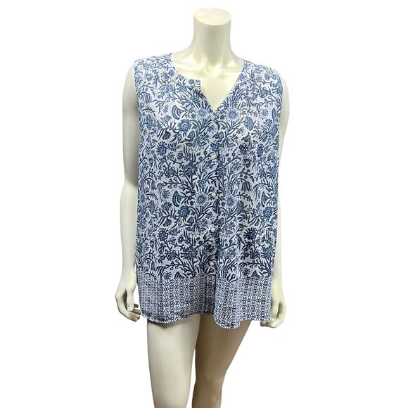 Liz Claiborne Blue & White Paisley Floral Sleeveless Blouse Semi-Sheer Large - Picture 9 of 12